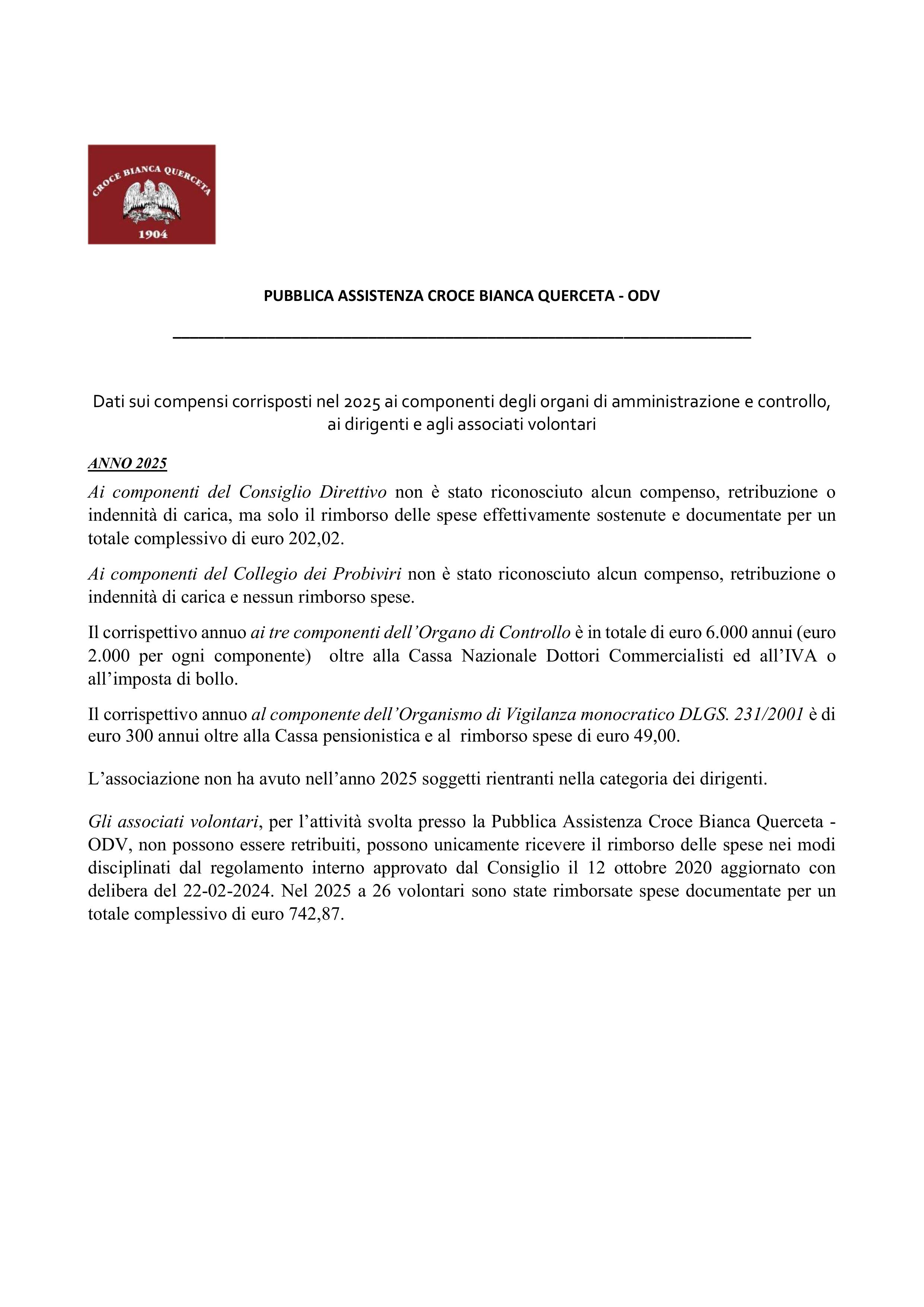 Compensi 2025 ai componenti degli organi associativi e ai volontari